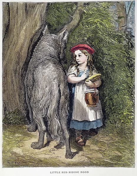 Little Red Riding Hood encounters the wolf in the woods on the way to visit her grandmother. Wood engraving after Gustave Dor