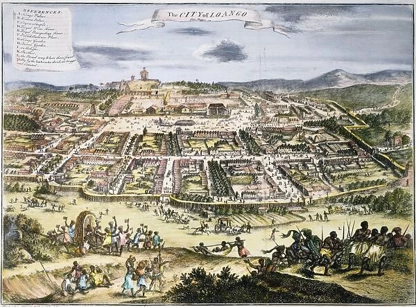LOANGO, AFRICA. The city of Loango, near the mouth of the Congo River on the west coast of Africa. Color engraving, 18th century