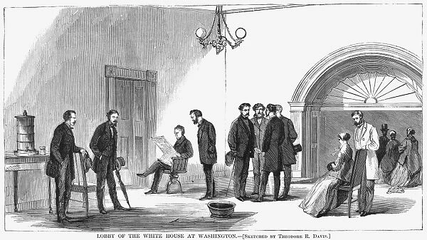 Lobby of the White House at Washington. People waiting to see the impeachment trail of President Andrew Johnson. American newspaper engraving, 1868
