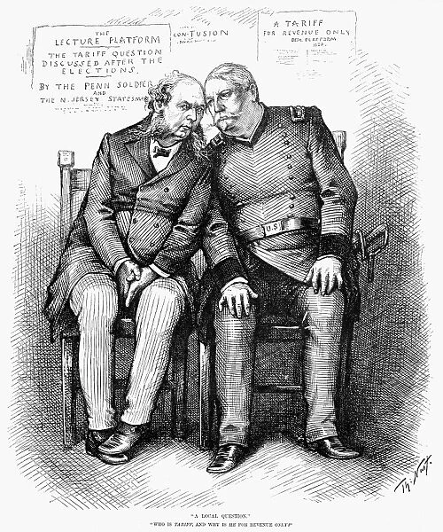 A Local Question. Who is Tariff, and why is he for revenue only? Cartoon, 1880, by Thomas Nast (a loyal Republican) depicting Democratic candidate Winfield Scott Hancock, right, following the lead set on the tariff question by Senator Theodore F. Randolph of New Jersey