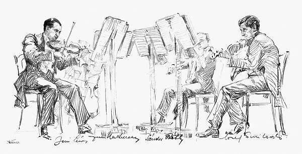 LÔÇ░NER STRING QUARTET. Hungarian string quartet. Left to right: Jeno L ner, Josef Smilivitz, Sador Roth, Irme Hartmann. Pencil drawing, early 20th century