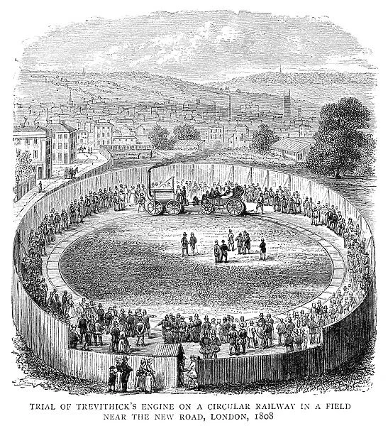 LOCOMOTIVE, 1808. Trial of Richard Trevithicks steam-powered locomotive on a circular