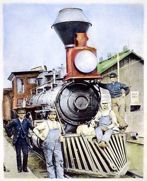 LOCOMOTIVE, 1883. The conductor, crew and canine mascot of a Central Pacific Railroad