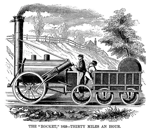 LOCOMOTIVE: ROCKET, 1829. George Stephensons Rocket, the winner of the Liverpool and Manchester Railways competition of 1829. Wood engraving, 19th century