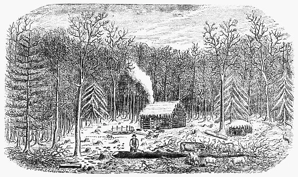 LOG CABIN, c1800. A pioneer at his log cabin in northwestern New York State, after the Holland Purchase of 1792-1793. Wood engraving from O. Turners Pioneer History of the Holland Purchase, Buffalo, 1850