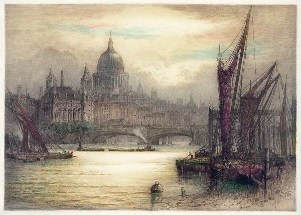 LONDON, 1929. View of St. Pauls Cathedral in the morning. Etching by James Alphege Brewer