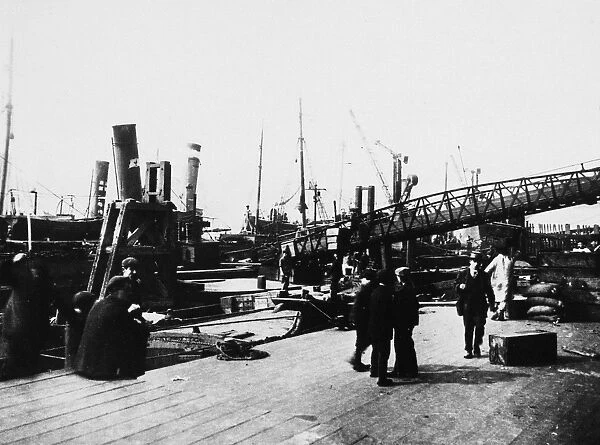 LONDON: BILLINGSGATE, c1915. View of the wharf at Billingsgate, London, England