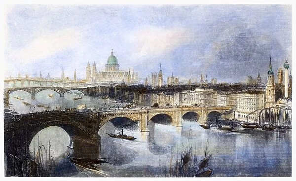 LONDON BRIDGE, 1852. View of London Bridge, London, England. Steel engraving, English, 1852