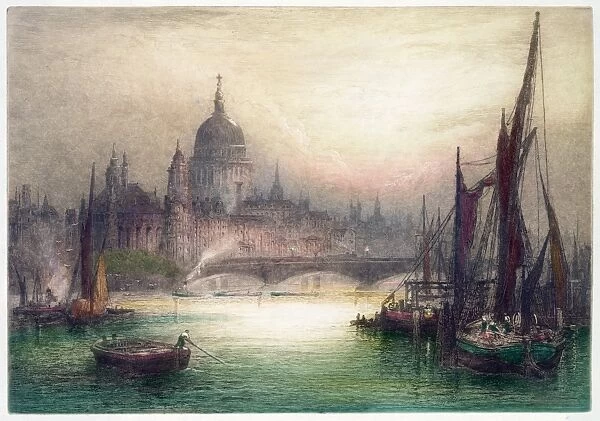 LONDON, c1929. View of St. Pauls Cathedral in the morning. Etching by James Alphege Brewer