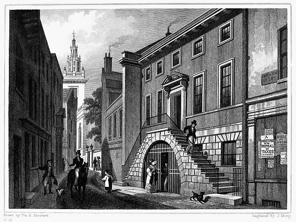 LONDON: DYERs HALL, 1830. View of Dyers Hall on College Street, London, England. Steel engraving, English, 1830, after Thomas Shepherd