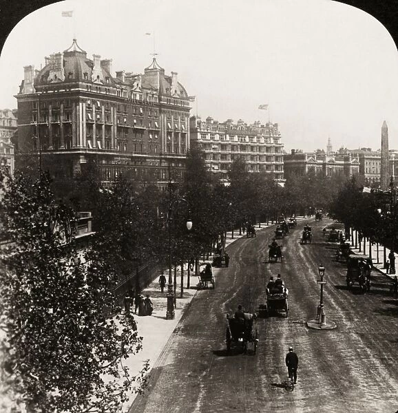 LONDON: EMBANKMENT, 1908. View of the Victoria Embankment along the Thames River in London, England, with the Cecil and Savoy Hotels at left. Stereograph, 1908