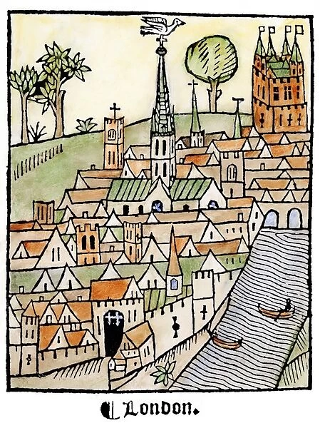 LONDON, ENGLAND, 1510. The earliest known printed view of London, England, showing