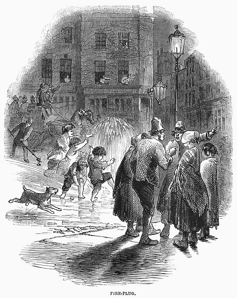 LONDON: FIRE HYDRANT, 1858. Children enjoying the spray from a fire hydrant on a London street. Wood engraving, English, 1858