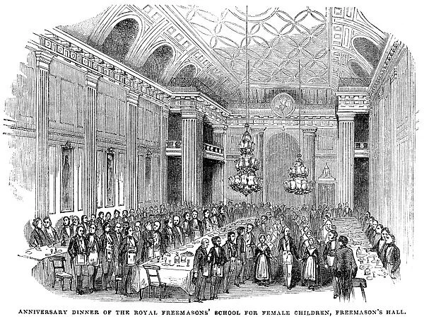 LONDON: FREEMASONs HALL. Anniversary dinner of the Royal Freemasons School for Female Children, Freemasons Hall. Wood engraving, 1843