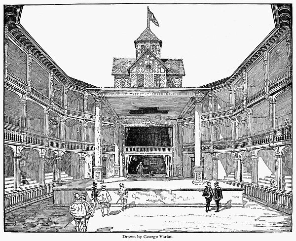 LONDON: GLOBE THEATRE. Drawing (reconstruction) of the second Globe Theater. From a conjurers circle on the floor cloth, Faustus is raising Mephistopheles, 17th century