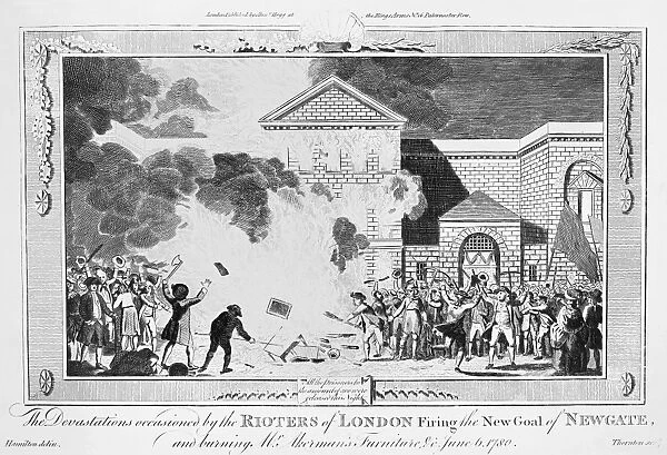 LONDON: GORDON RIOTS, 1780. A London mob burning Newgate prison on 6 June 1780 during the No-Popery, or Gordon Riots in England. Contemporary English copper engraving