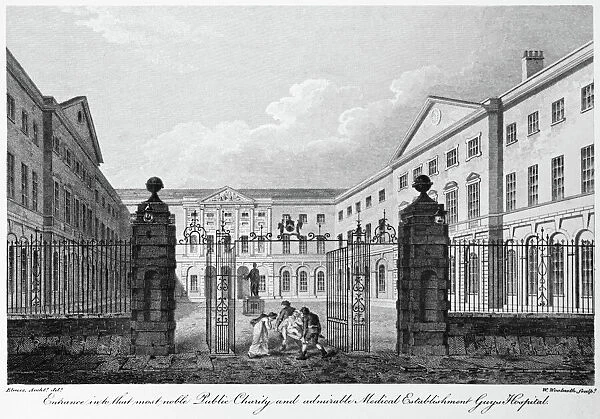 LONDON: GUYs HOSPITAL. Entrance to Guys Hospital in London. Engraving by James Elmes and William Woolnoth, c1799