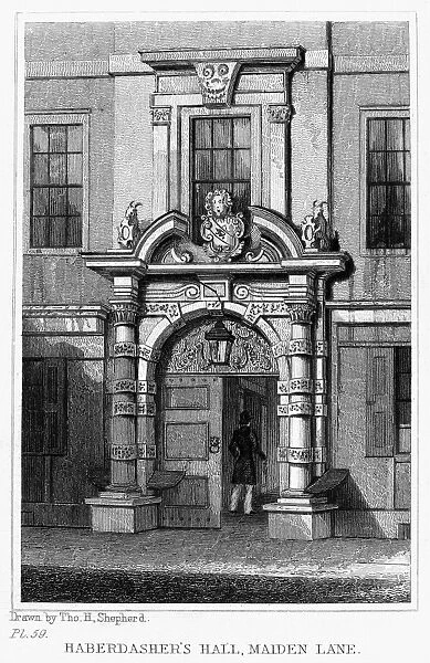 LONDON: HABERDASHERs HALL. View of Haberdashers Hall on Maiden Lane, London, England. Steel engraving, English, 1830, after Thomas Shepherd