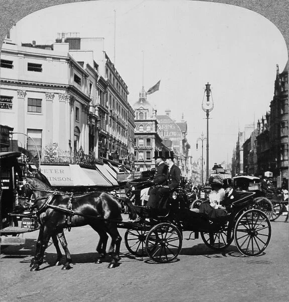 LONDON: OXFORD STREET, c1909. A horse-drawn carriage on Oxford Street in London, England