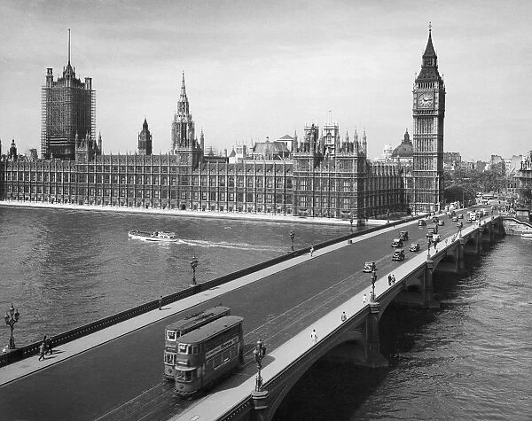 LONDON: PARLIAMENT. Houses of Parliament, Big Ben and Westminster Bridge crossing the Thames in Lodon, England. Photograph, c1955