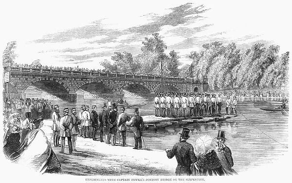 LONDON: PONTOON, 1860. Demonstration of Captain Francis Fowkes pontoon bridge