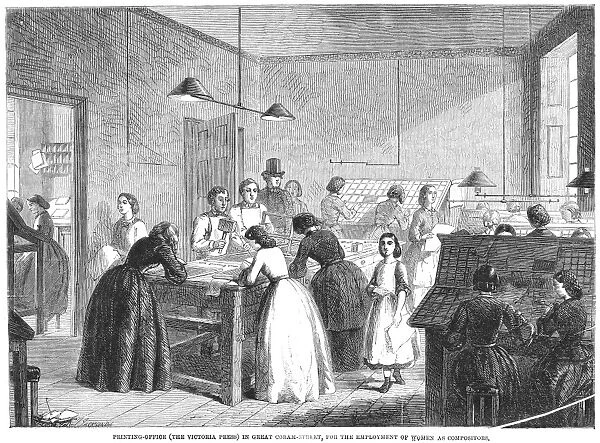 LONDON: PRINTING OFFICE. The Victoria Press in Great Coram Street, London, England, for the employment of women as compositors. Wood engraving, English, 1861