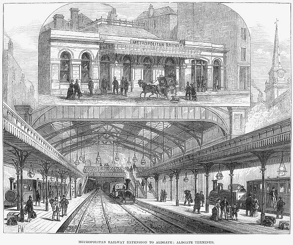 LONDON: RAILWAY, 1876. The Metropolitan Railway extension to Aldgate Terminus station. Wood engraving, English, 1876