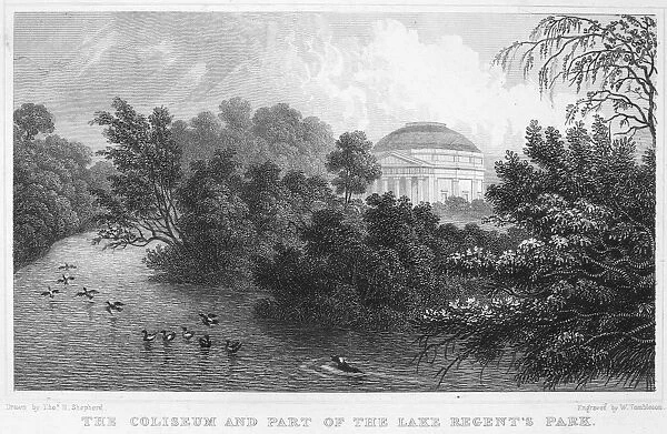 LONDON: REGENTs PARK. The Coliseum and part of the lake, Regents Park. Steel engraving, 1828