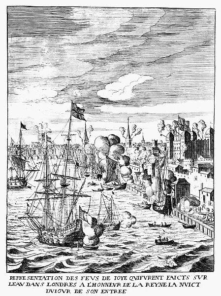 LONDON: ROYAL VISIT, 1638. Gun salute for Marie de Medici, Queen Mother of France, on her arrival in London to visit her daughter, Henrietta Maria, consort of King Charles I of England, in 1638. Contemporary French line engraving