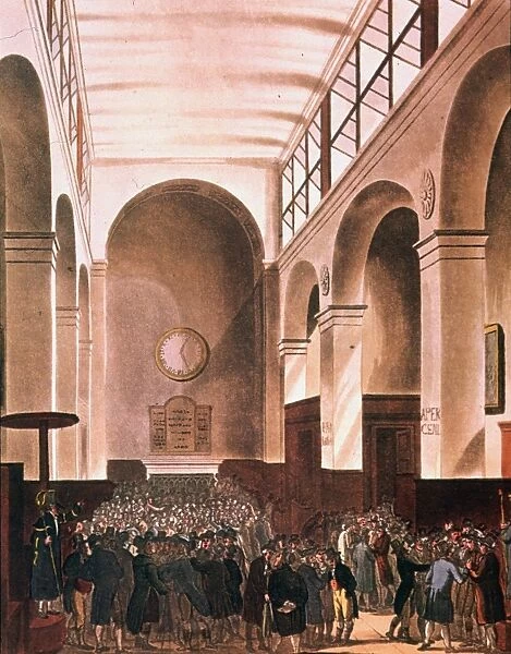 LONDON STOCK EXCHANGE. Watercolor by Thomas Rowlandson, published in Rudolph Ackermann s