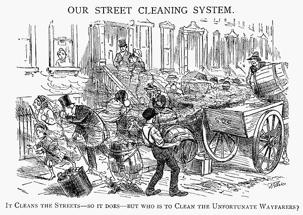 LONDON; STREET CLEANING. It cleans the streets - so it does - but who is to clean the unfortunate wayfarers? English cartoon on street cleaning and garbage collection from Punch, 1879