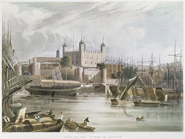 LONDON: THAMES RIVER, 1819. View of the Tower of London. Aquatint, English, 1819