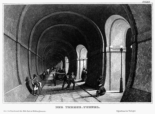 LONDON: THAMES TUNNEL. View from inside the Thames Tunnel, built beneath the Thames River in London, England, between 1825 and 1843 under the direction of engineers Marc Isambard Brunel and Isambard Kingdom Brunel. Steel engraving, German, c1840