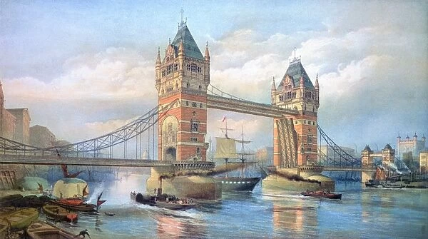 LONDON: TOWER BRIDGE, 1895. Looking west on the Thames River to the recently opened Tower Bridge and the Tower of London. Lithograph by O. F. Kell, c1895