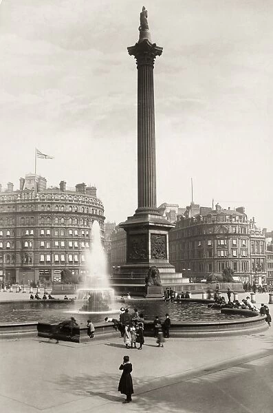 LONDON: TRAFALGAR SQUARE. View of the Nelson Monument in Trafalgar Square, London, England. Photographed c1900