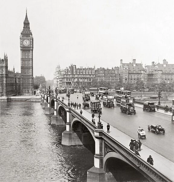 LONDON: WESTMINSTER BRIDGE. Westminster Bridge with Big Ben and the Houses of Parliament in the background. Stereograph, c1926