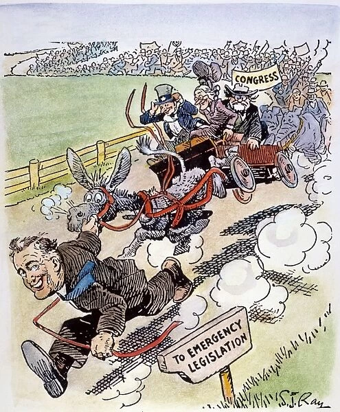 Looks as if the New Leadership Was Really Going to Lead. American cartoon, c1933, showing President Franklin D. Roosevelt leading both the country and the Congress on a breakneck course toward the emergency legislation of the First New Deal