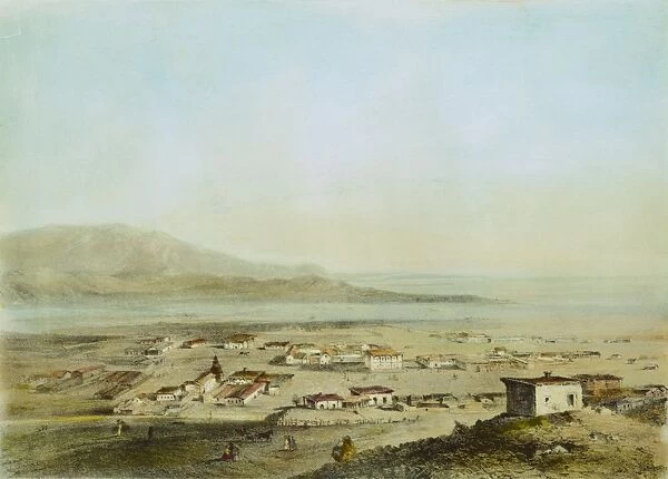 LOS ANGELES, 1853. The earliest known printed view of Los Angeles, depicted in 1853: lithograph