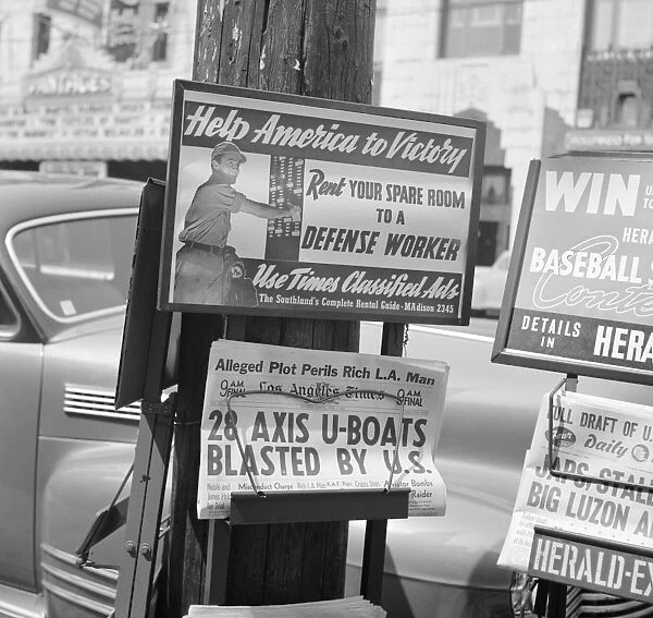 LOS ANGELES, 1942. A newsstand on the corner in Los Angeles, California