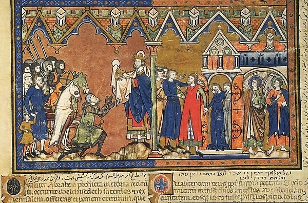 LOT AND FAMILY. A left, Melchizedek blesses Abraham as Lot and his family look on (Genesis 14