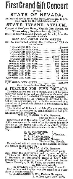 LOTTERY ADVERTISEMENT, 1873. Advertisement for a lottery to provide funds to establish