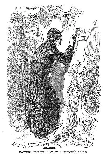 LOUIS HENNEPIN (1640-1701). French missionary and explorer in America. Father Hennepin at St. Anthonys Falls in the upper Mississippi region, 1680. Wood engraving after Felix O. C. Darley, 19th century
