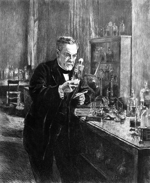 LOUIS PASTEUR (1822-1895). French chemist and microbiologist. Pasteur in his laboratory