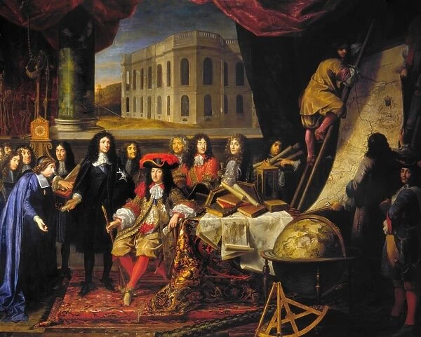 LOUIS XIV (1638-1715). King of France, 1643-1715. Louis (seated at center) in a symbolic commemoration of the founding of the Science Academy in 1666 and the Observatory in 1667; Jean-Baptiste Colbert stands at the kings right, and the architect Charles Perrault stands behind a pile of books. Oil on canvas, c1667, by Henri Testelin, after Lebrun