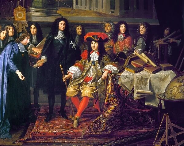 LOUIS XIV (1638-1715). King of France, 1643-1715. Louis (seated at center) in a symbolic commemoration of the founding of the Science Academy in 1666 and the Observatory in 1667; Jean-Baptiste Colbert stands at the kings right, and the architect Charles Perrault stands behind a pile of books. Detail of a painting, c1667, by Henri Testelin, after Lebrun