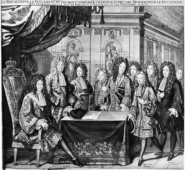 LOUIS XIV (1638-1715). King of France, 1643-1715. Louis XIV accepting the last will and testament of King Charles II of Spain to leave his empire to Philippe de France, Duke of Anjou, 1700