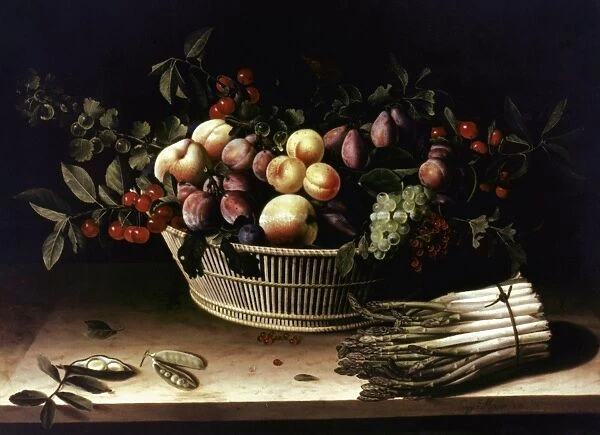 Louise Moillon: Still life of fruit basket and box of asparagus. Oil, 17th century