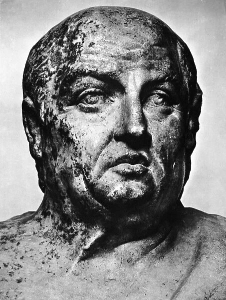 LUCIUS ANNAEUS SENECA (4 B. C. ?-65 A. D. ). Roman statesman and philosopher and tragic playwright. Roman sculpture bust