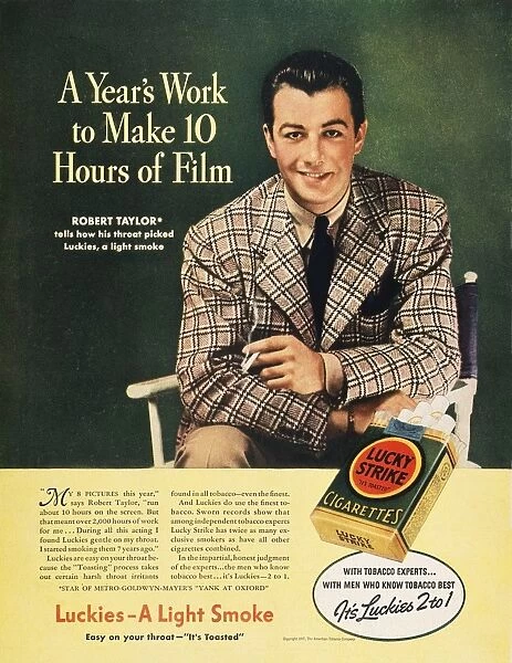 LUCKY STRIKE CIGARETTE AD. Actor Robert Taylor endorsing Lucky Strike cigarettes. American magazine advertisement, 1937