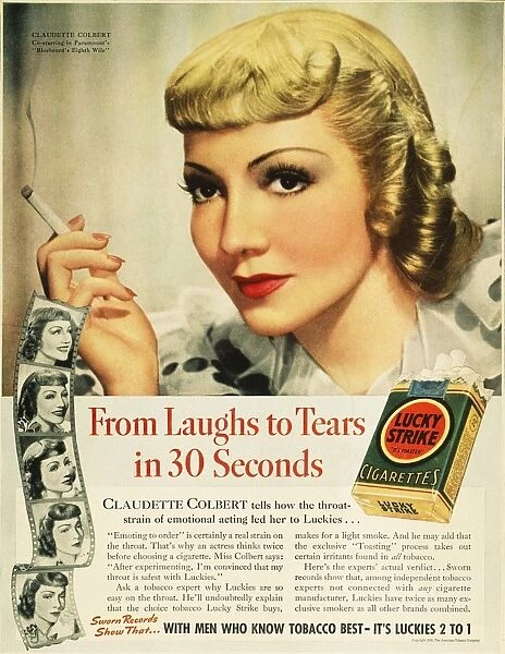 LUCKYS CIGARETTE AD, 1938. Actress Claudette Colbert endorsing Lucky Strike cigarettes. American magazine advertisement, 1938